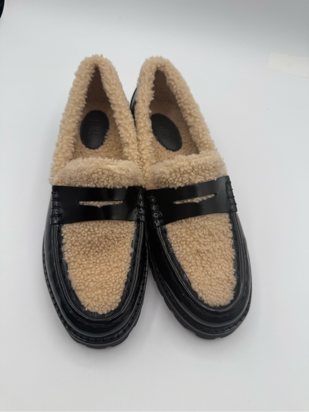 PAIGE Ellis Penny Loafers Black Leather Shearling Lined Lug Sole Slip-On Shoes - Picture 15 of 16